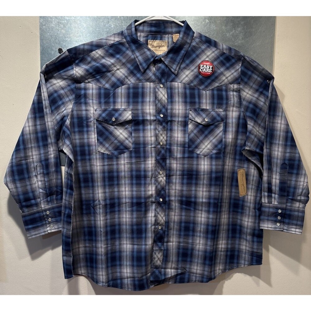 Pearl Snap Wrangler Western Long Sleeve Blue/White/Black Check Plaid 3XL NEW